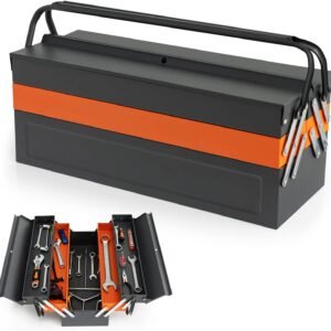 27” x 21” x 8.5” Metal Tool Box, 5-Tray Cantilever Tool Box with 3 Levels Fold Out Organizer Storage, Portable Folding Tool Organizer with Padlock Eyes
