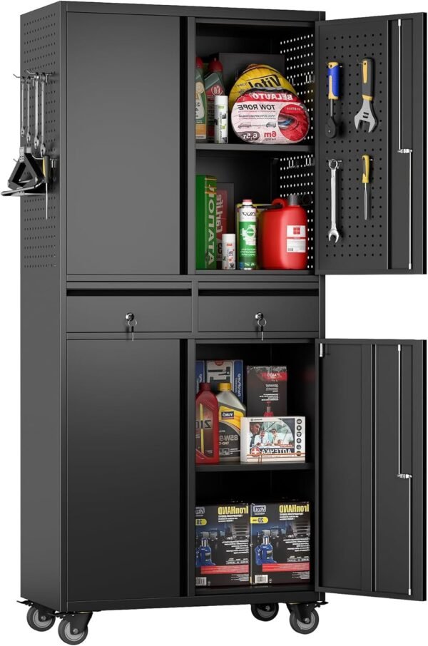 71" Metal Garage Storage Cabinet with 8 Hooks and Pegboards,2 Drawer Rolling Tool Storage with Locking Doors and Adjustable Shelves,Heavy Duty Steel Tool Cabinet for Garage, Warehouse