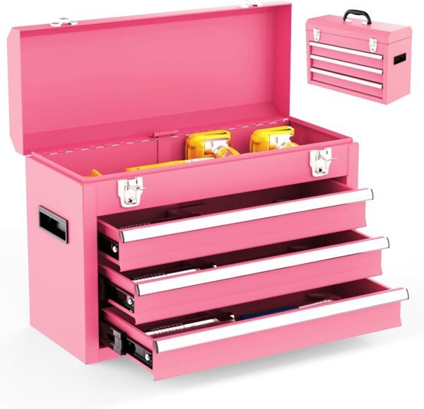 3 Drawer Metal Tool Box, Portable Metal Tool Box with EVC Liners and Latches Closure, Heavy Duty Steel Tool Chest with Ball Bearing Opening and Powder Coated Finish, Pink
