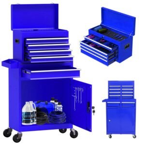 Wheels, Box, 5 Drawer Rolling Tool Chest and 2 Lockers, Detachable Storage Cabinet, for Garage Warehouse Workshop, Blue