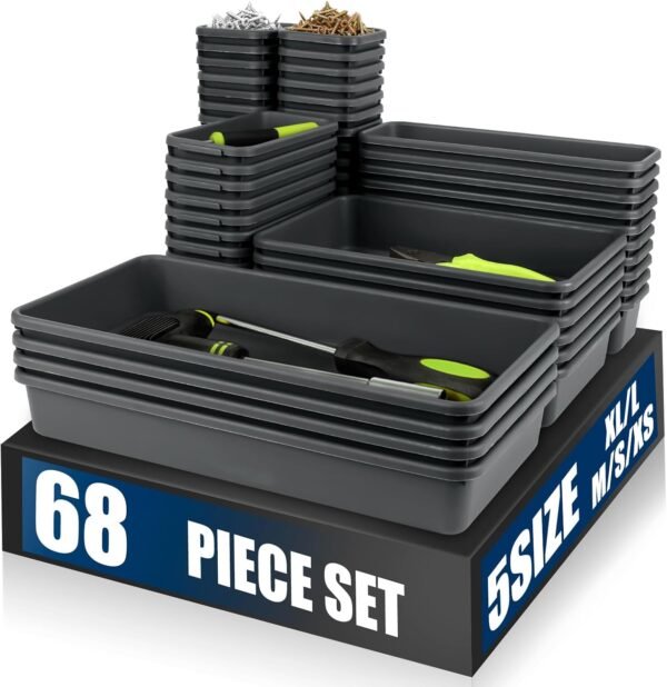 【LARGE SIZE】【68PCS】Tool Box Organizer Tray Divider, 【5 Size】Toolbox Desk Drawer Organizer, Organization and Storage Toolbox for Garage Accessories (68pcs-Grey) (68PCS 5Sizes)