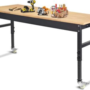 60" Adjustable Work Bench, Rubber Wood Top Workbench Heavy-Duty Work Table with Power Outlet with Wheels, 2000 LBS Load Capacity Hardwood Work Benches for Garage, Workshop, Home, Office, Easy Assembly