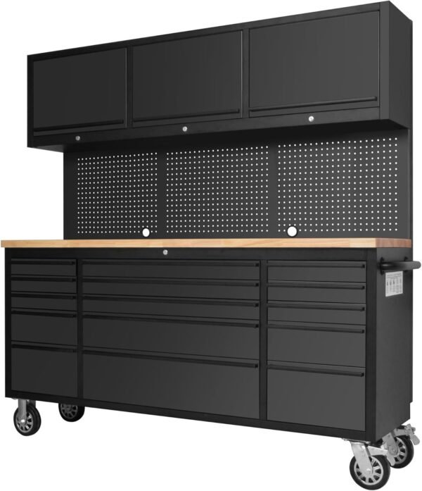 CT Copper Tailor 72-inch Tool Chest Cabinet Mobile Garage Workbench with 15 Storage Drawers and Wheels, 3 Upper Cabinet, Pegboard, Steel Large Tool Box,Matte Black