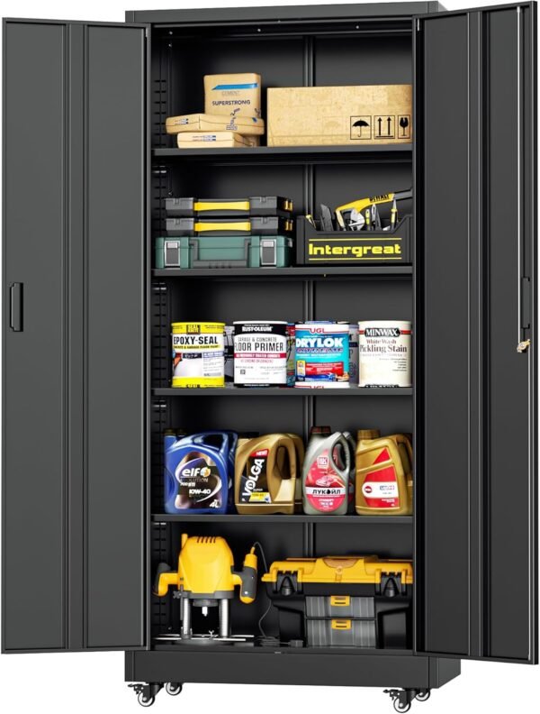INTERGREAT Metal Storage Cabinet with Wheels, 73" Garage Storage Cabinet with Door and 4 Shelves, Tool Cabinet on Caster for Home, Office, Black