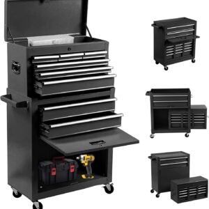 8-Drawer Rolling Tool Chest 2 in 1 High Capacity Tool Box Detachable Organizer Tool Storage Cabinet with 4 Wheels & Lockable Lined Drawers for Garage Warehouse Workshop (Black)