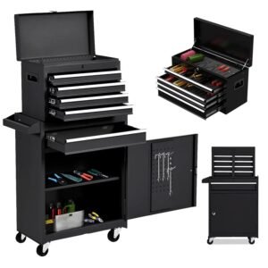Tool Cabinet, Tool Chest with Wheels, Garage Tool Box, 5 Drawer Rolling Tool Chest and 2 Lockers, Detachable Storage Cabinet, for Garage Warehouse Workshop, Black