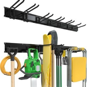 Garage Wall Organizers, 48'' Yard Tool Organizer Wall Mount with 7 Storage Hooks, Sturdy Easy Assembly Heavy Duty Garage Organization, Garden Lawn Tool Organizer for Tools, Skis, Ladders