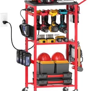 Workbench with Pegboard for Milwaukee Tools, Ferreteriai Work Bench Power Tools Organizer Cart Garage Storage with Wheels & Power Outlets, Large Utility Racks Shelf Birthday Gifts for Men Husband Dad