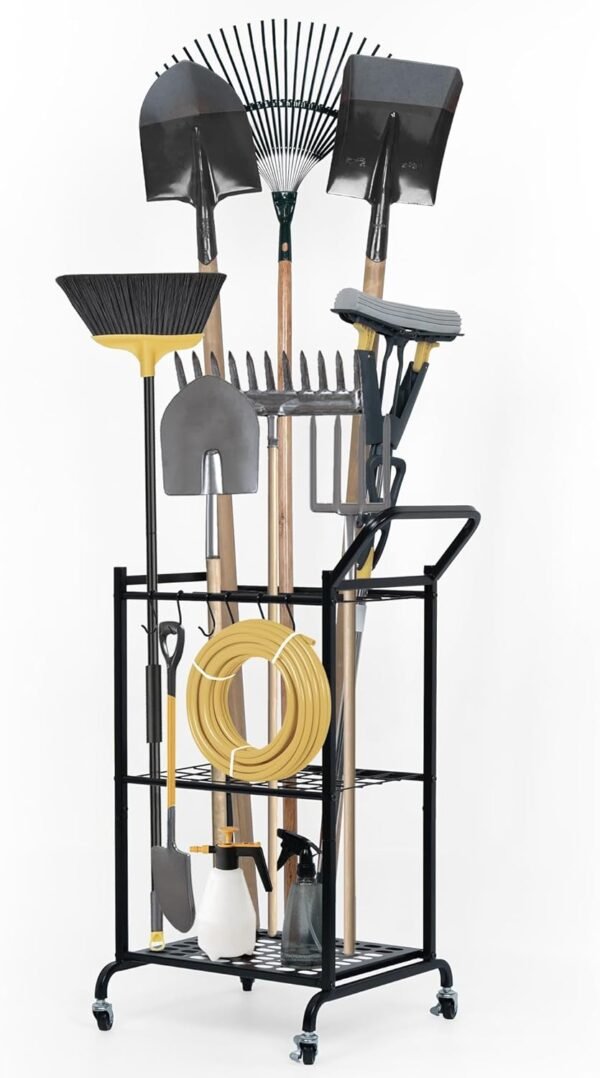 Garden Tool Organizer with Wheels, Garage Tool Storage and Organization with 6 Hooks, Steel Tool Rack Holds Up to 35 Long Handled Yard Tools for Garage, Shed, Basement