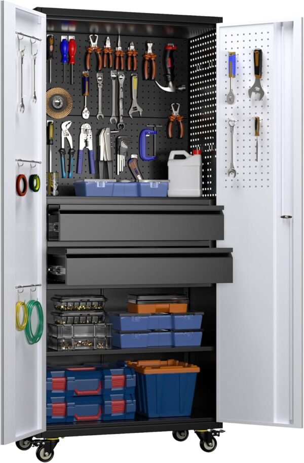 Metal Garage Storage Cabinet with Locking Doors and Adjustable Shelves, 71"H Rolling Tool Storage Cabinet with Wheels, 2 Drawers, Pegboard and 16 Hooks for Garage, Warehouse, Black and Silvery
