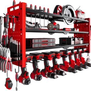 Power Tool Organizer Wall Mount,Cordless Drill Organizer,4 Layers Large Capacity Tool Rack with 8 Drill Holders (RED)