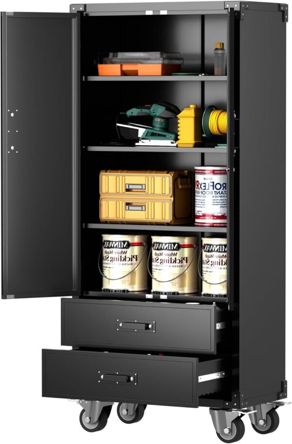 Aobabo Metal Storage Cabinet with 2 Large Drawer, Lockable Steel Storage Cabinet with 3 Adjustable Shelves, for Home, Office, Garage, Classroom, Black, Assembly Required