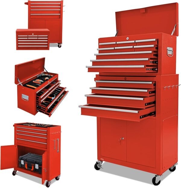 13 Drawers Rolling Tool Chest with Double Door Handle,Large Capacity Tool Storage Cabinet With Drawers, Locking Mechanical Tool Cart With Liner,Portable Tool Box For Repair Workhop (Red)