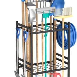 Garden Organizer With Wheels, Yard Tower Rack for Garage Storage, Up to 35 Long-Handled Tools, Sturdy Metal Steel Holder With 3 Hooks, Outdoor, Black
