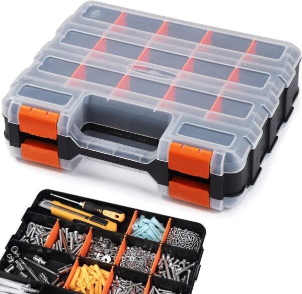 Double Side Tool Organizer, Hardware Storage Box, 34-Compartments Small Parts Organizer with Removable Dividers for Screws, Nuts, Nails, Bolts