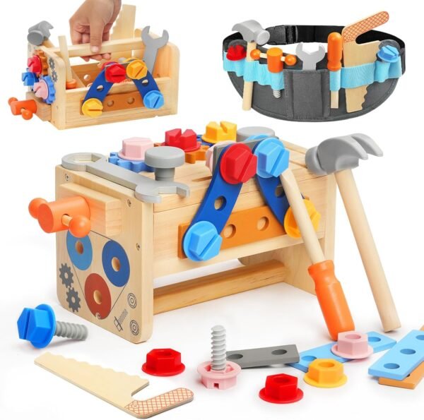 Myfolrena Kids Tool Set With Belt - Wooden Pretend Play Tools for Toddlers Ages 2-5 - Learning Stem Montessori Toys