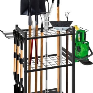 GMAK Garden Tool Organizer, Heavy Duty Garage Tool Storage Rack Utility Yard Tool Tower Rack with Large Hooks for Shed Garage Storage and Organization, for Long Handle Tools, Rake, Brooms, Shovel