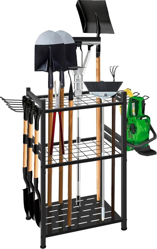 GMAK Garden Tool Organizer, Heavy Duty Garage Tool Storage Rack Utility Yard Tool Tower Rack with Large Hooks for Shed Garage Storage and Organization, for Long Handle Tools, Rake, Brooms, Shovel