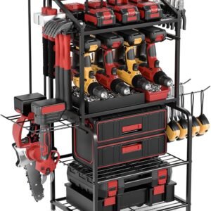 Power Tool Organizer Cart with Charging Station, Garage Floor Standing Rolling Drill and Tools Battery Storage Cart on Wheels, Rolling Tool Cart with 6 Outlet Power Strip