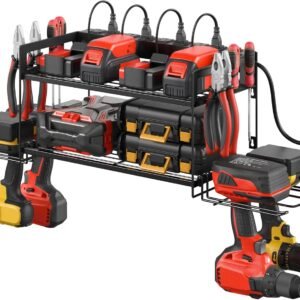 CCCEI Garage Tools Storage with Charging Station. Power Tool Battery Organizer Utility Shelf with Power Strip. 4 Drills Holder Wall Mount Rack, Black.
