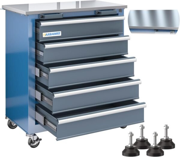 5-Drawer Rolling Tool Chest, Tool Chest with Wheels and Foot Pads,Tool Cabinet with Safety Locking System and Stainless Steel Top, Comibined A Large Workstation Through Connection Buckles