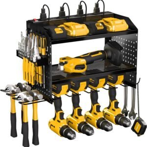 Veitorld Power Tool Organizer Wall Mount with Charging Station, 4 Drill Holder Heavy Duty Cordless Tool Storage Rack, Metal Garage Organizers and Storage, Gifts for Him Men Dad Husband Fathers Day