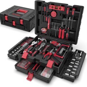 Sundpey Home Tool Kit with Drawer - 379-PCs Portable Complete Household and Auto Repair Tool Set - Hand General Basic Tool Box Storage Case - Full Basic Toolkit for Handyman & Diyer & Homeowner Red