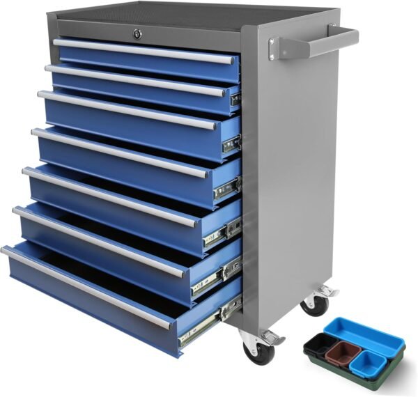 7-Drawer Tool Chest with Wheels, Rolling Tool Chest with Drawers, Top Cushion & 7PCS Tray Divider Set, Multifunctional Craftsman Tool Storage Chest for Garage, Warehouse, Workshop, Repair Shop,Blue