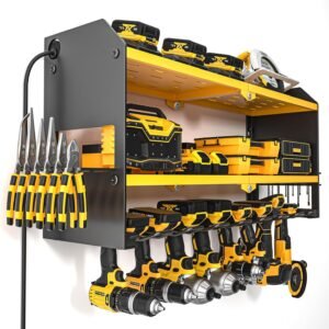 YYR Power Tool Organizer with Charging Station Wall Mount, Cordless Drill and Battery Holder for Garage Organization, Electric Tools Storage Rack Build in Surge Protection Power Strip - Yellow Shelf
