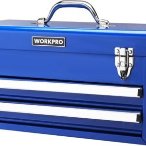 WORKPRO Tool Box with Drawers, 18 Inch with 2 Drawers and 1 Top Storage, Portable Toolbox with Metal Latch and Liner for Garage, Office and Home Storage, 100 LBS Load Capacity (Totally)