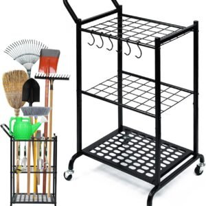 Garden Tool Organizer and Storage, Yard Tool Organizer for Garage Up to 41 Tools, 3-tire Yard Tool Holder Holding Long Handled Tools for Shed Garden Outdoor with Wheels