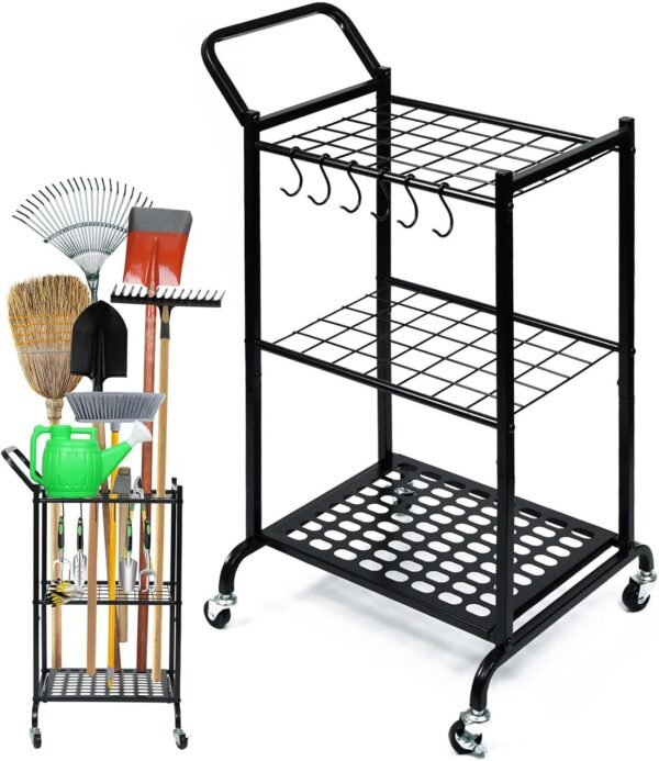 Garden Tool Organizer and Storage, Yard Tool Organizer for Garage Up to 41 Tools, 3-tire Yard Tool Holder Holding Long Handled Tools for Shed Garden Outdoor with Wheels