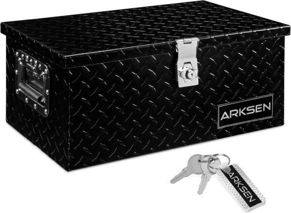ARKSEN 20 Inch Heavy Duty Aluminum Diamond Plate Tool Box Chest Box Pick Up Truck Bed RV Trailer Toolbox Storage with Side Handle and Lock Keys – Black