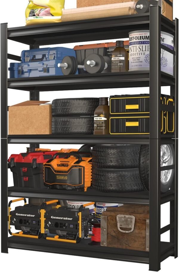 Garage Shelving, 72" H × 48" W Heavy Duty Metal Shelving - Easy to Assemble, Adjustable 5-Tier Storage Shelves, Double-Thickened Columns, 3000 lbs Capacity, for Garage, Pantry Storage, Black