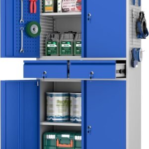 Metal Garage Storage Cabinet with Locking Doors and 2 Adjustable Shelves, Rolling Tool Storage Cabinet with 4 Wheels and 2 Drawer for Garage, Warehouse, Blue and Gray, Assembly Required