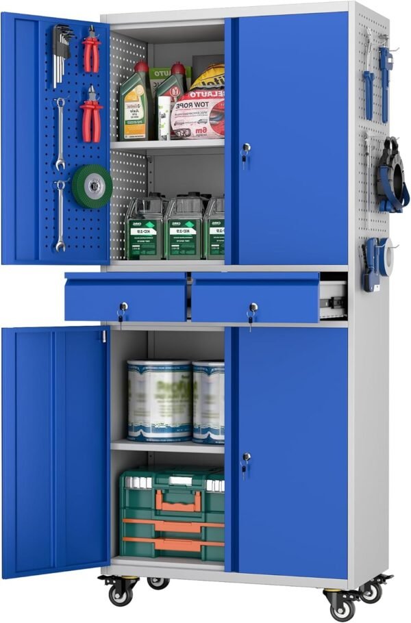 Metal Garage Storage Cabinet with Locking Doors and 2 Adjustable Shelves, Rolling Tool Storage Cabinet with 4 Wheels and 2 Drawer for Garage, Warehouse, Blue and Gray, Assembly Required