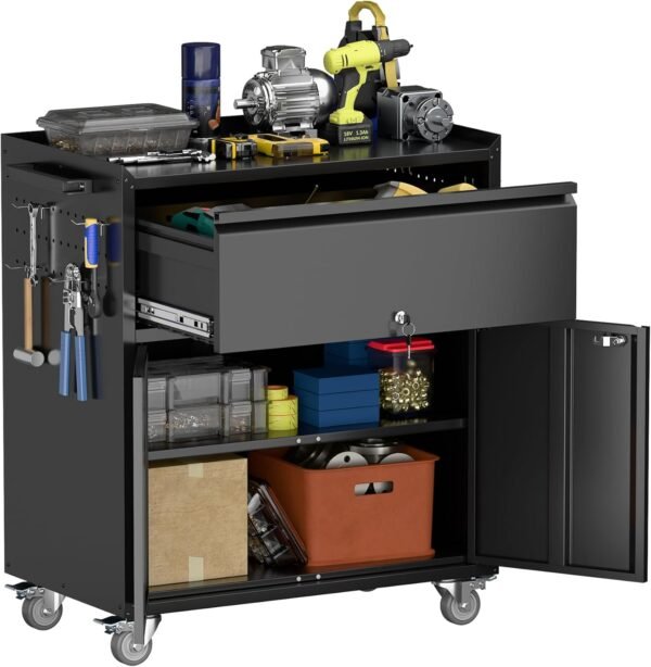 Metal Storage Cabinet with 4 Hooks & Pegboard,35.4" H Top Workbench Mobile Tool Chests Garage Cabinets with 4 Wheels,Lockable Tool Cabinets for Home,Office,Shop(Black)