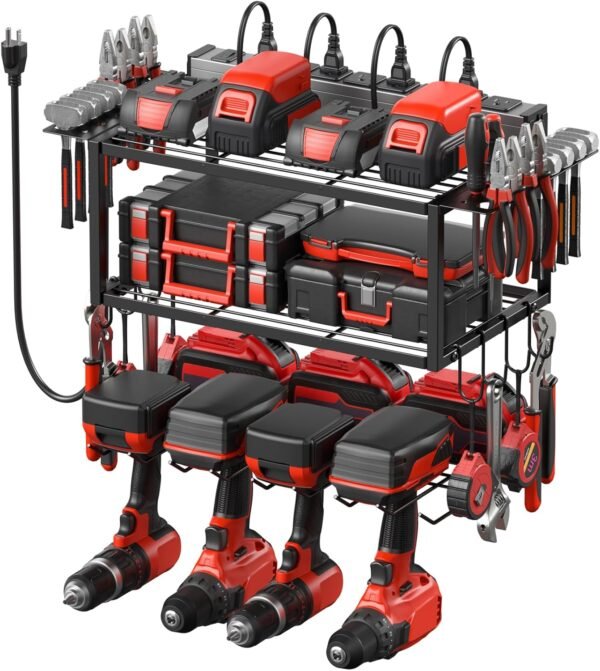 JUNNUJ Tool Organizer with Charging Station, 3 Layers Wall Mount Garage Tools Storage with 8 Outlets Power Strip, 4 Drills Holder Battery Heavy Duty Metal Shelf, Utility Rack with Hooks, Black