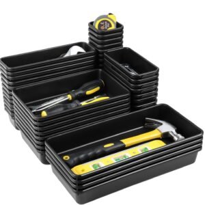 60PCS Tool Box Organizer Tray Divider, More Large Sizes-5 Sizes Desk Drawer Organizers Garage Tool Organizer and Storage, Black Plastic Tray Organizer Bins for Home Office Supplies and Tools