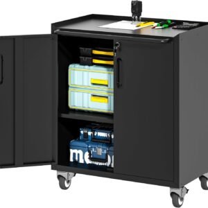 Metal Tool Storage Cabinet for Garage,Mobile Heavy Duty Garage Tool Chests & Cabinets with Lockable Doors,Black Rolling Tool Cabinets with Wheels,Assembly Required