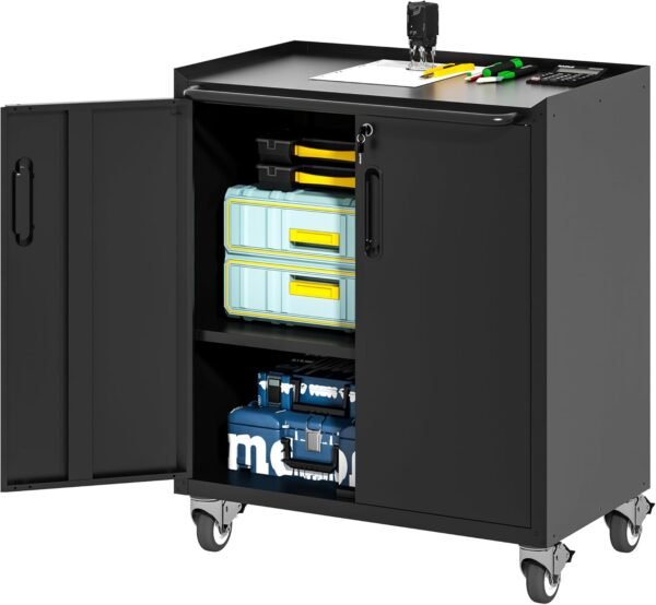 Metal Tool Storage Cabinet for Garage,Mobile Heavy Duty Garage Tool Chests & Cabinets with Lockable Doors,Black Rolling Tool Cabinets with Wheels,Assembly Required