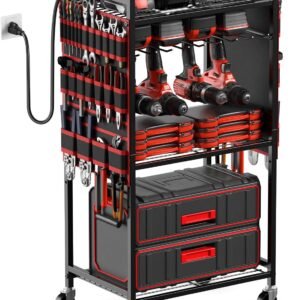 JUNNUJ Large Power Tool Organizer Cart with Charging Station, Garage Floor Standing Rolling Drill and Tools Battery Storage Cart on Wheels, Heavy Duty Utility Rack Shelf with 8 Outlet Power Strip, Red