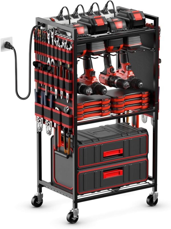 JUNNUJ Large Power Tool Organizer Cart with Charging Station, Garage Floor Standing Rolling Drill and Tools Battery Storage Cart on Wheels, Heavy Duty Utility Rack Shelf with 8 Outlet Power Strip, Red