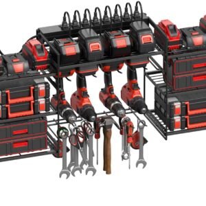 CCCEI Black Power Tools Organizers Wall Mount, Large Tools and Battery Storage Rack Charging Station. 8 Drill Holder, All Metal, Garage Utility Shelves with 6FT Power Strip. Gift for Men.