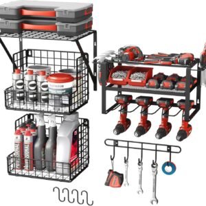 Power Tool Organizer Wall Mount - Multifunctional Garage Organization with Hanging Hooks and Baskets, Wall Shelving Drill Holder, Gift for Man Storage Rack, Black