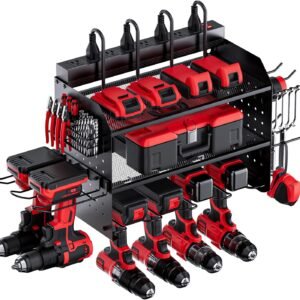 TRZZ Power Tool Organizer Wall Mount, 3-Layer Charging Station with 8 Outlets, 6 Drill Holders and Drill Bit Rack, Efficient and Organized Storage for Garage, Workbench, and Workshop (Black)