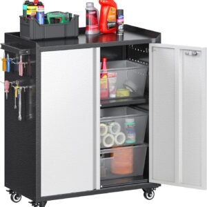 Aobabo 31.5" H Metal Storage Cabinet with Wheels, Locking Steel Rolling Tools Chest with Handle, Garage Tool Storage Cabinet with 1 Shelves 2 Side Pegboards and 4 Hooks,Assembly Required, Black Grey