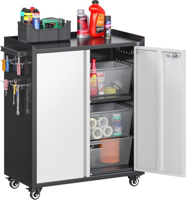 Aobabo 31.5" H Metal Storage Cabinet with Wheels, Locking Steel Rolling Tools Chest with Handle, Garage Tool Storage Cabinet with 1 Shelves 2 Side Pegboards and 4 Hooks,Assembly Required, Black Grey