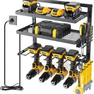 COFIT Power Tool Organizer with Adjustable Height 3-Tier Iron Tool Rack and Wall Mount Charging Station for Drill and Garage Workshop