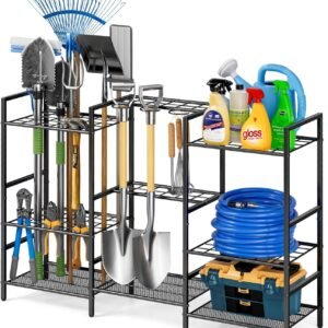 6-Tier Garden Tool Organizer for Outdoor Storage, Yard Tool Rack for Garage Organization and Storage, Holds 90 Long-Handled Tools, Sturdy Steel Tool Holder with 3 Hooks, 44.96"W x 11.89"D x 31"H"